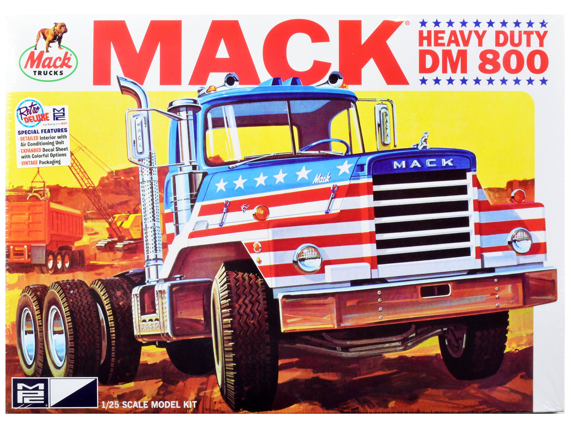 Mack Trucks  
HEAVY DUTY  
DM 800  

Retro Deluxe  
SPECIAL FEATURES  
- DETAILED Interior with Air Conditioning Unit  
- EXPANDED Decal Sheet with Colorful Options  
- VINTAGE Packaging  

1/25 SCALE MODEL KIT