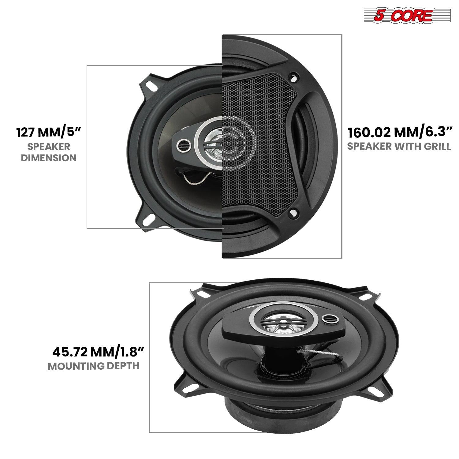 5 CORE, 127 MM/5" SPEAKER DIMENSION, 160.02 MM/6.3" SPEAKER WITH GRILL, 45.72 MM/1.8" MOUNTING DEPTH