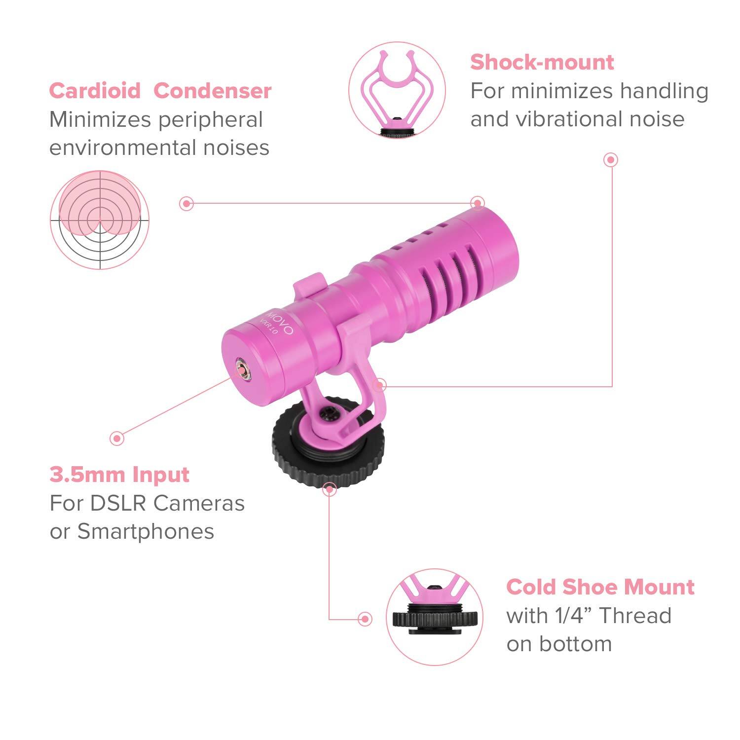 Cardioid Condenser  
Minimizes peripheral environmental noises  

Shock-mount  
For minimizes handling and vibrational noise  

3.5mm Input  
For DSLR Cameras or Smartphones  

Cold Shoe Mount  
with 1/4" Thread on bottom