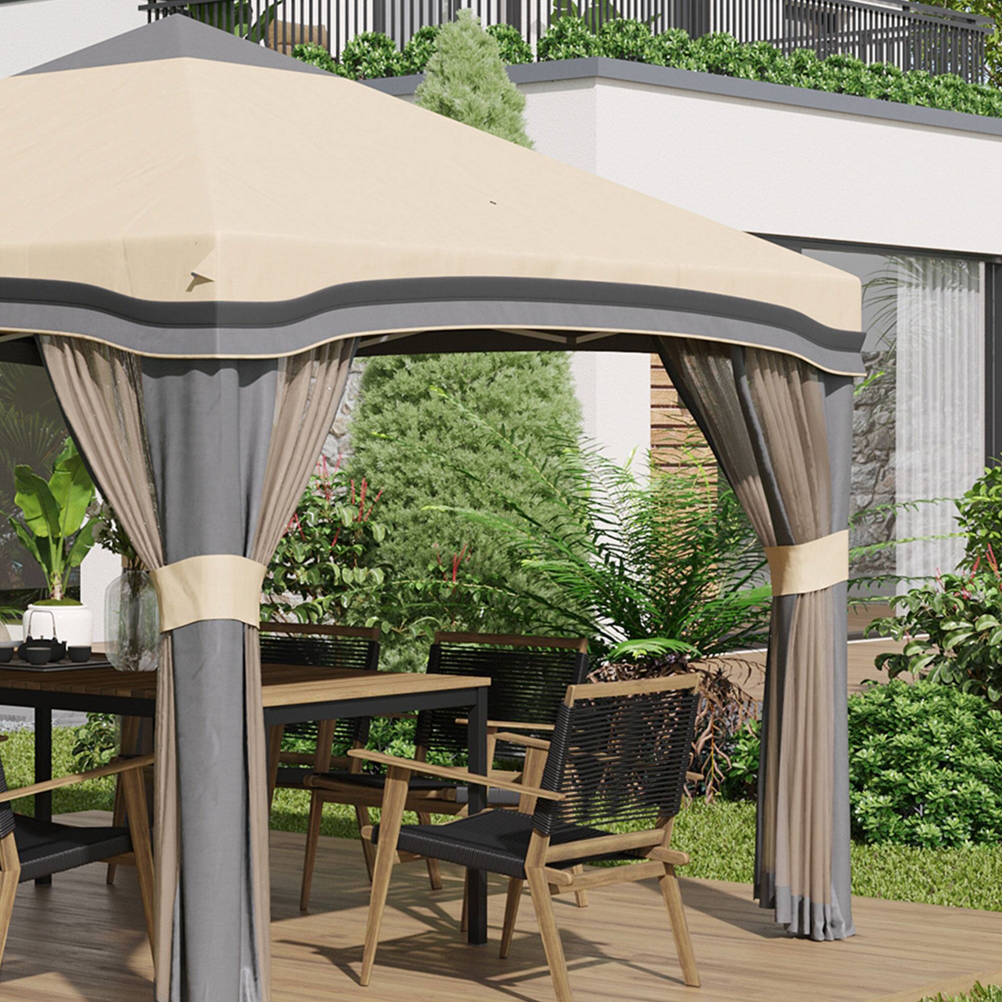 Alt View 8. Outsunny - 10' x 10' Pop Up Canopy Tent with Netting, Instant Tents for Parties, Height Adjustable, with Wheeled Carry Bag - Beige.
