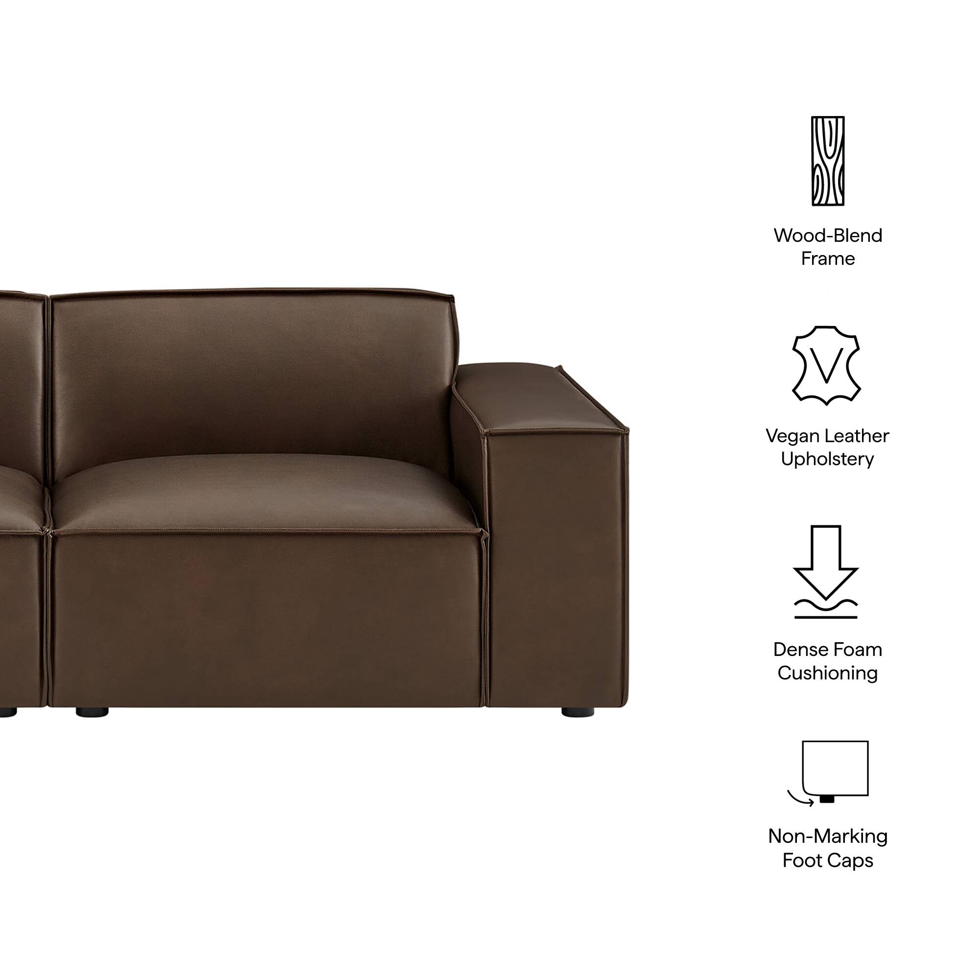 Wood-Blend Frame  
Vegan Leather Upholstery  
Dense Foam Cushioning  
Non-Marking Foot Caps