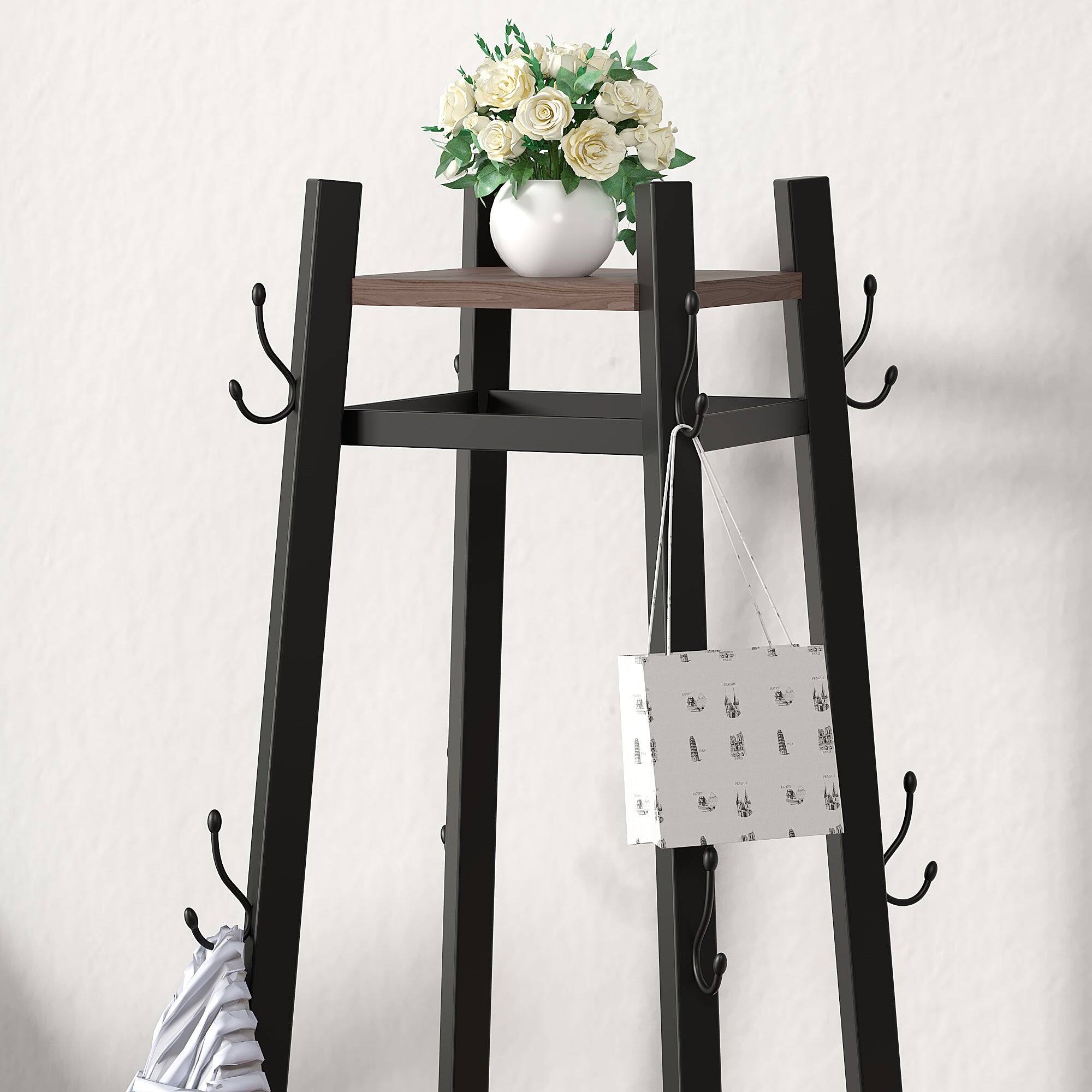 Back. Vecelo - Freestanding Entryway Coat Rack with Storage Basket and Hooks, Modern Hall Tree Organizer with Hanging Rods - Grey.