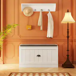 FUFU&GAGA - Entryway Storage Bench with Cushion and Wall Hooks Organizer with Shelf for Shoes Coats and Daily Essentials - White