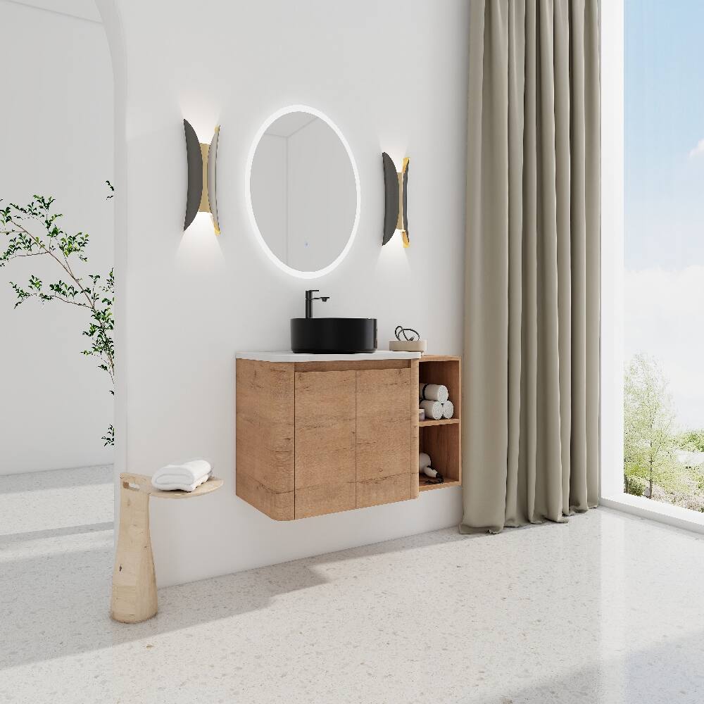 Back. Loheer - Loheer 42 inch wall mounted bathroom vanity with ceramic art vessel sink, imitative oak floating vanity - Imitative Oak.