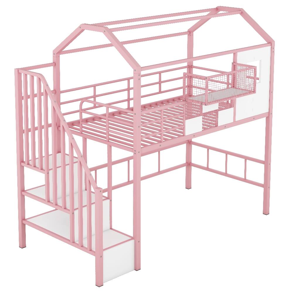 Alt View 3. Loheer - Loheer Metal Loft Bed Twin Size Pink House Bed with Storage - Pink.