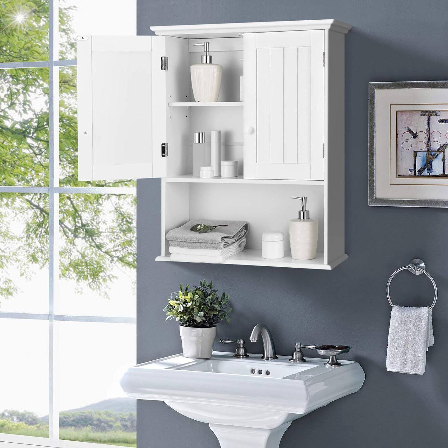 Back. Hivvago - Bathroom Wall Mount Medicine Cabinet with Open Storage Shelf in White - White.