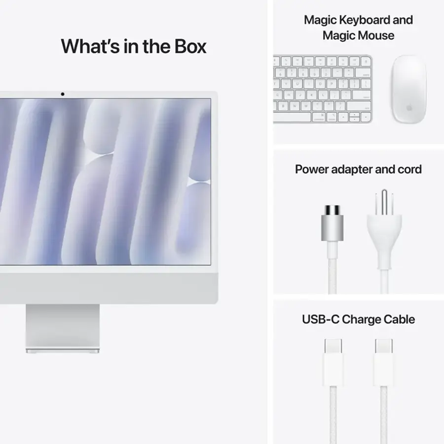What's in the Box - Magic Keyboard and Magic Mouse - Power adapter and cord - USB-C Charge Cable
