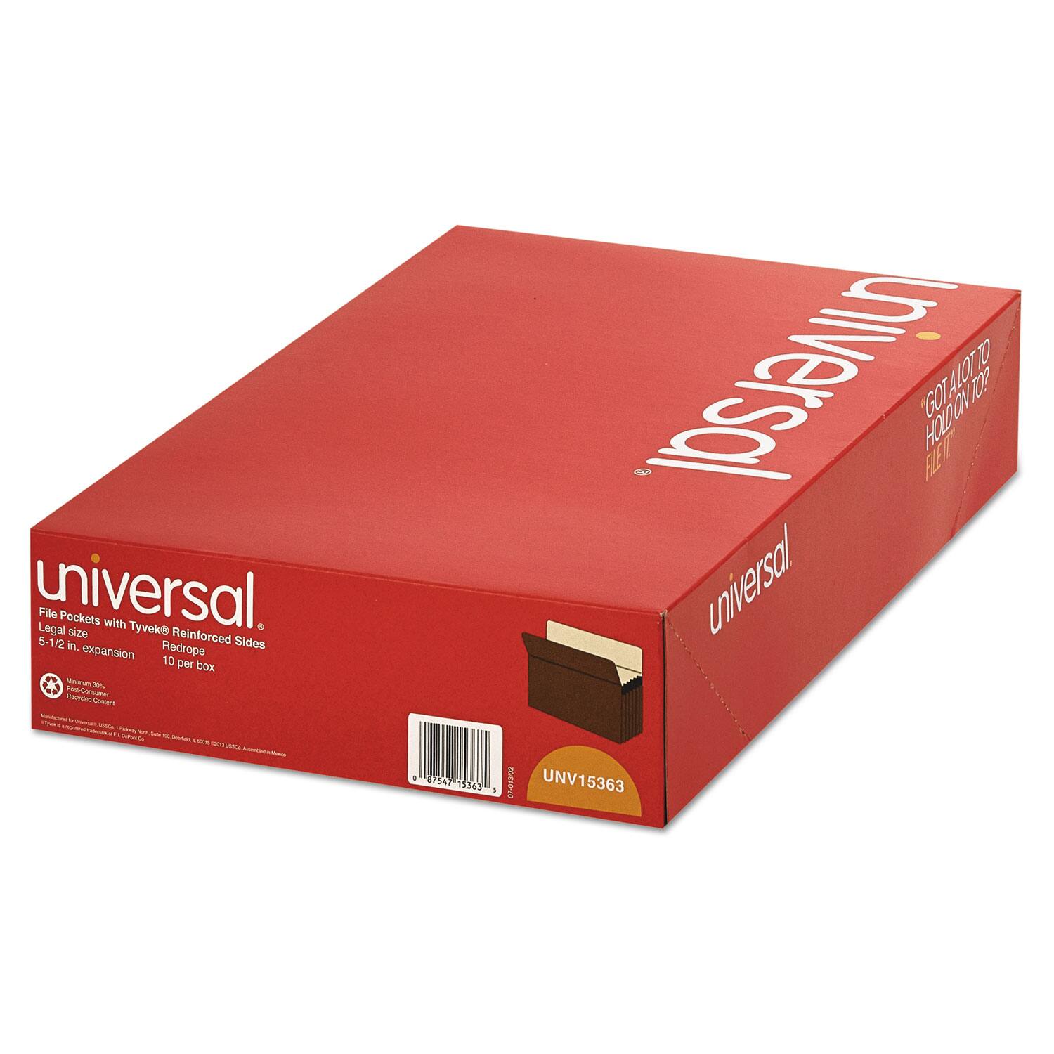 Universal  
File Pockets with Tyvek® Reinforced Sides  
Legal size  
5-1/2 in. expansion  
Redrope  
10 per box  

UNV15363  

GOT A LOT TO HOLD ON TO?  
HOLD ON TO UNIVERSAL