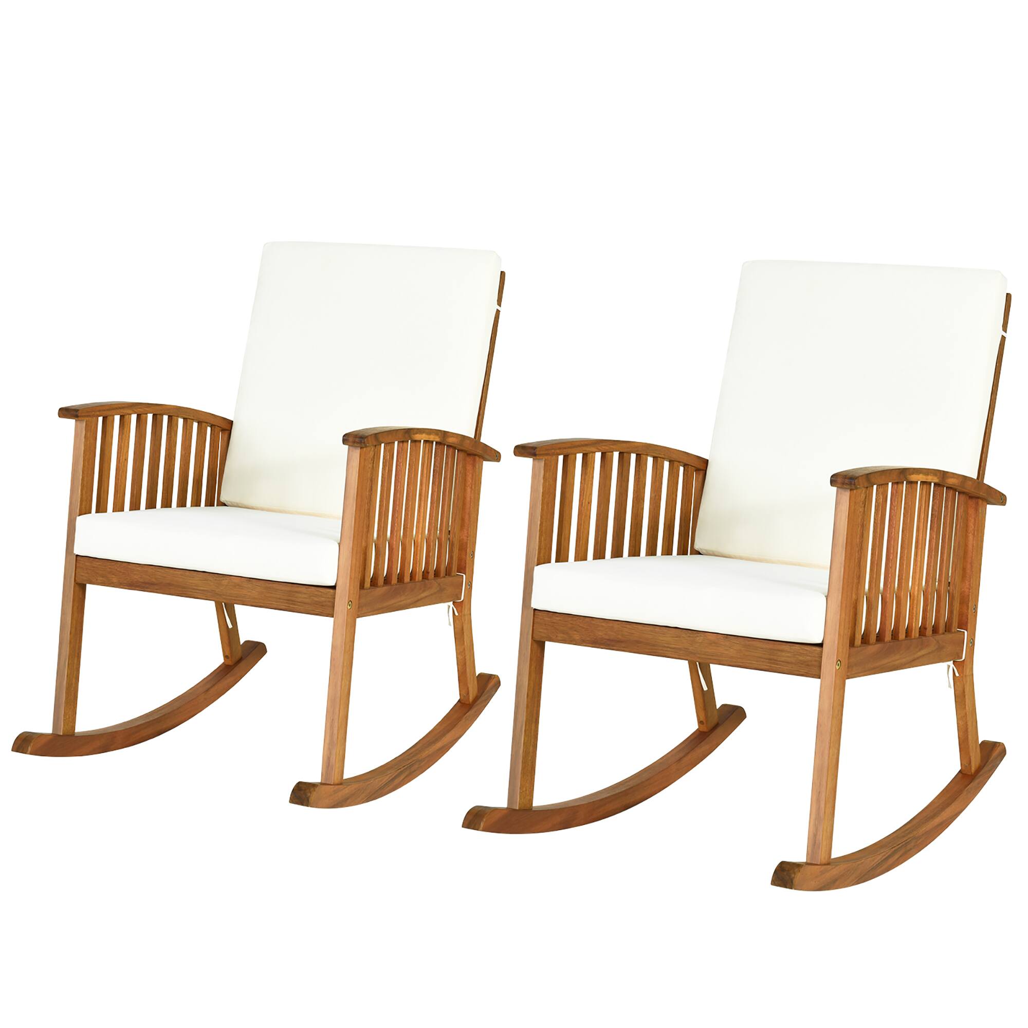 Alt View 1. Gymax - Gymax 2PCS Patio Wooden Rocking Chair Lawn Garden Outdoor w/ Armrest Cushion - Teak.