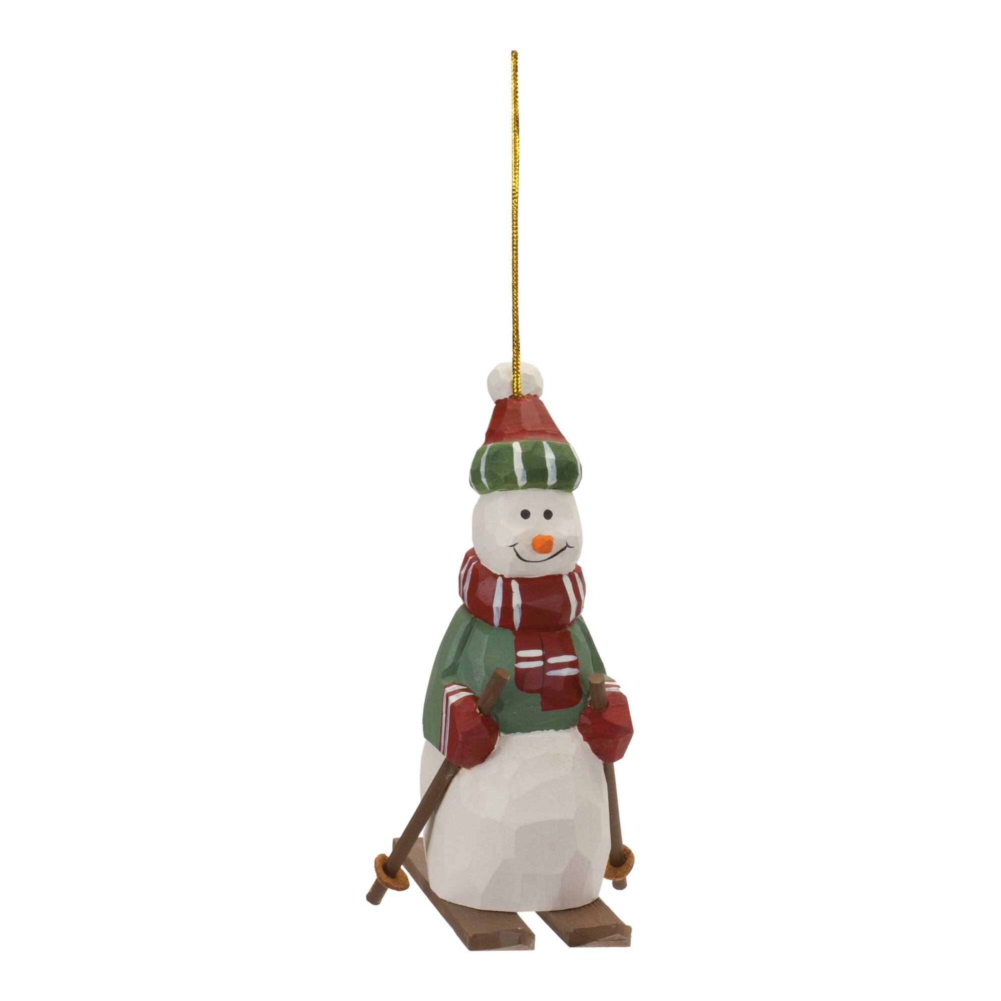 Angle. BreeBe - Snowman on Skis Ornament (Set of 6) - Green, Red, White.