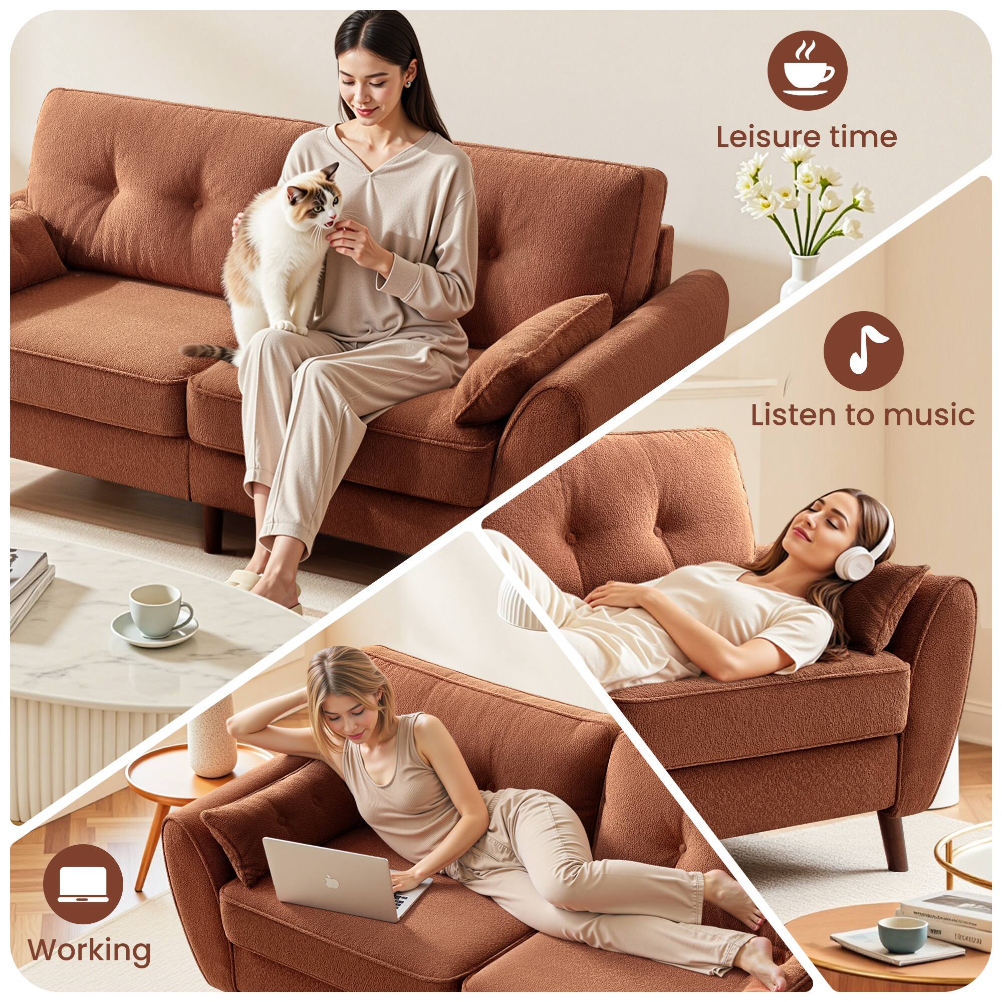 Leisure time  
Listen to music  
Working