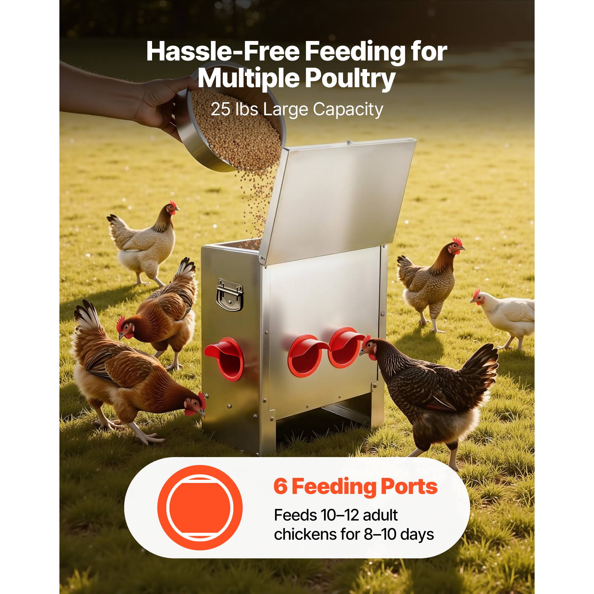 Hassle-Free Feeding for Multiple Poultry  
25 lbs Large Capacity  
6 Feeding Ports  
Feeds 10-12 adult chickens for 8-10 days