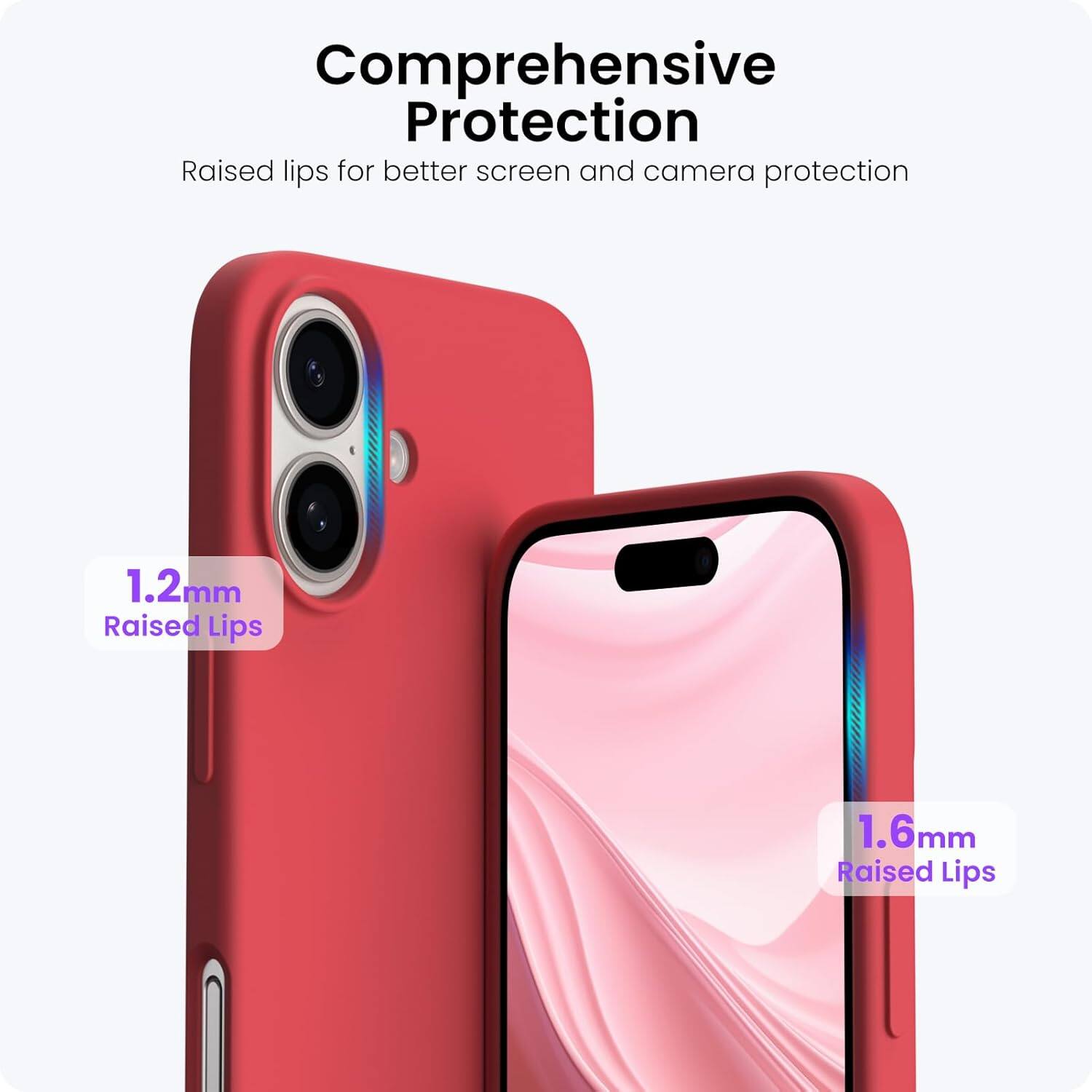 Comprehensive Protection
Raised lips for better screen and camera protection
1.2mm Raised Lips
1.6mm Raised Lips