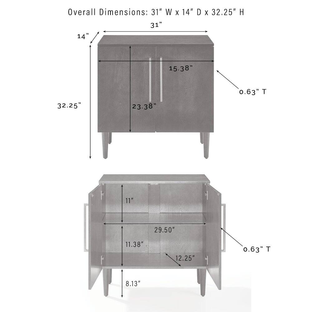 Overall Dimensions: 31" W x 14" D x 32.25" H

1" W x 14" D x 32.25" H

15.38" W x 23.38" D x 32.25" H

0.63" T

11" W x 11.38" D x 8.13" H

29.50" W x 12.25" D x 0.63" T