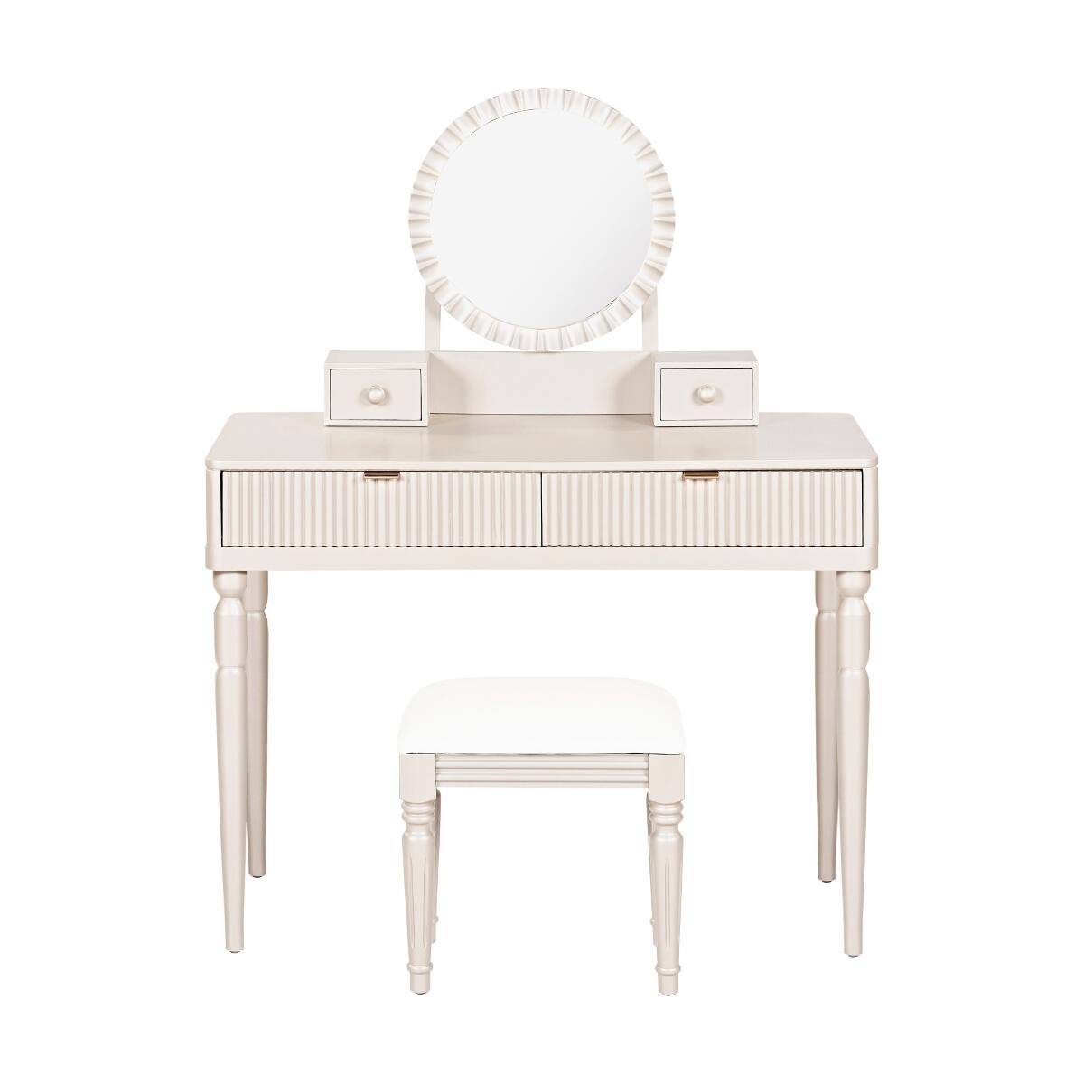 Alt View 6. Loheer - Loheer Makeup Vanity Table with Round Mirror, Champagne, Four Drawers and Stool - Champagne.