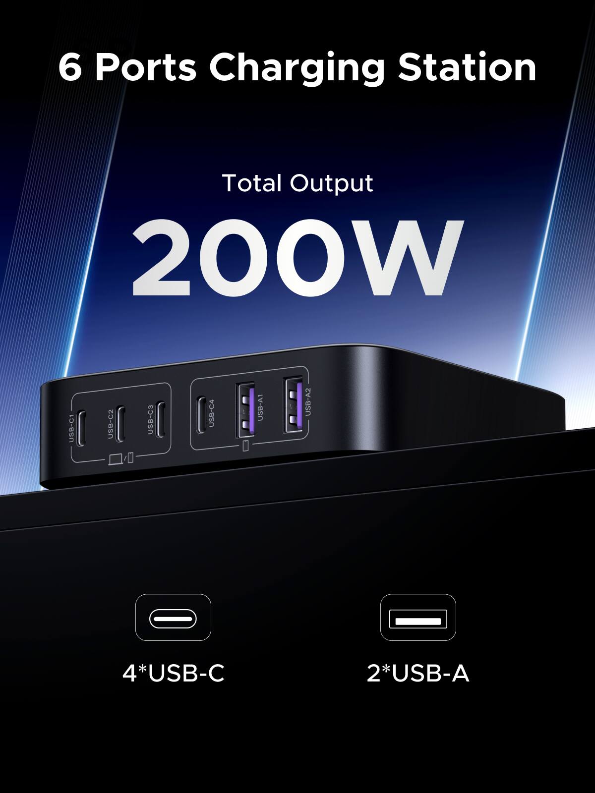 6 Ports Charging Station  
Total Output 200W  
USB-C1 USB-C2 USB-C3 USB-C4 USB-A1 USB-A2  
4*USB-C 2*USB-A