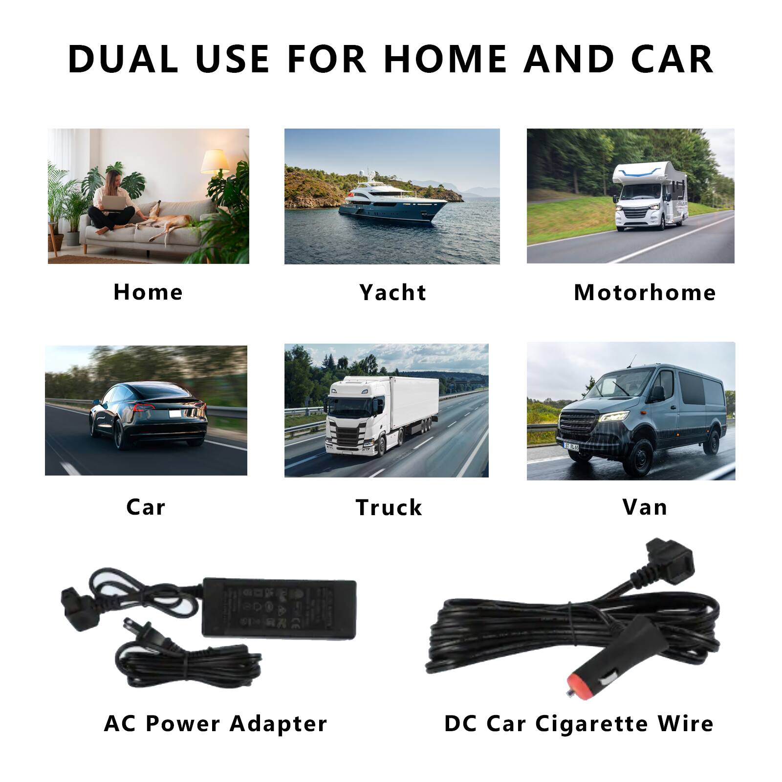 DUAL USE FOR HOME AND CAR

Home  
Yacht  
Motorhome  
Car  
Truck  
Van  

AC Power Adapter  
DC Car Cigarette Wire