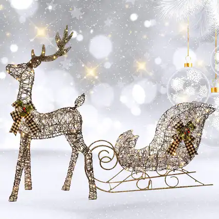 Front. Wikistore - WIKISTORE Lighted Christmas Decorations Deer & Sleigh 2 Pcs 160 LED Rattan Set with Extension Cord.