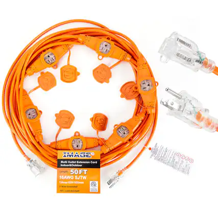 R 9 IMAGE K Multi Outlet Extension Cord Indoor&Outdoor
Length: 50 FT
16AWG SJTW
13Amp-125V-1625watt
ETD 5-Wire Grounded
-50C cold resistant
adddds
picaA 1ian f 1