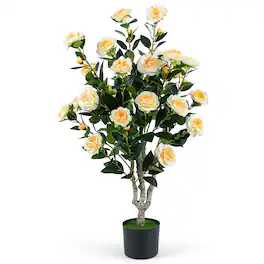 Costway - 1 PCS 39.5" Artificial Camellia Tree , Faux Flower Plant Tree in Cement-Filled Pot - Yellow