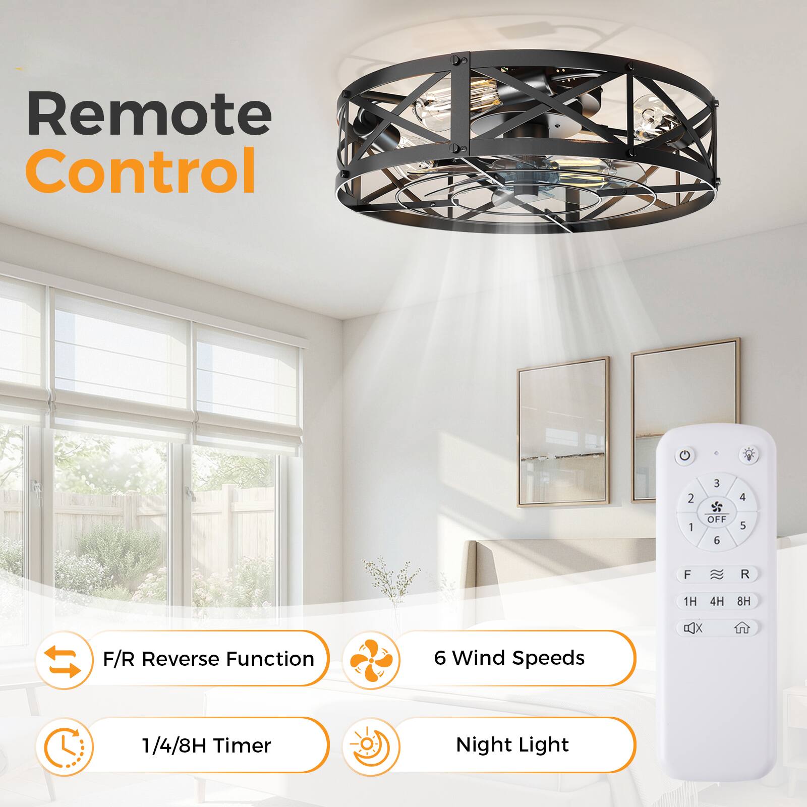Remote Control

- F/R Reverse Function
- 6 Wind Speeds
- 1/4/8H Timer
- Night Light