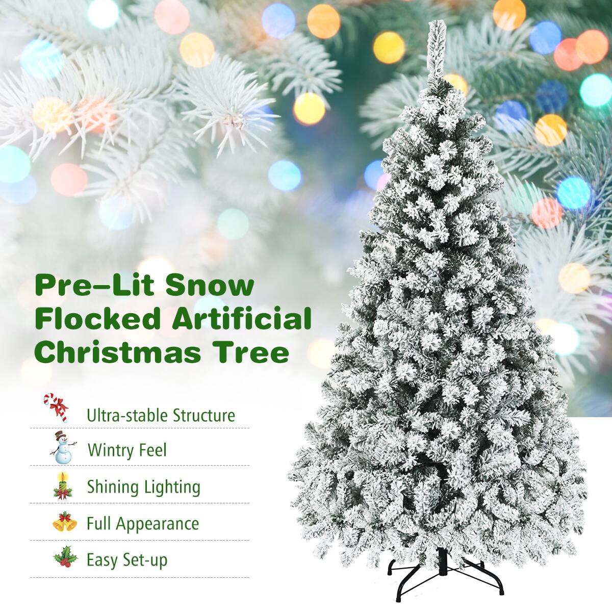 Pre-Lit Snow Flocked Artificial Christmas Tree: Ultra-stable Structure, Wintry Feel, Shining Lighting, Full Appearance, Easy Set-up.