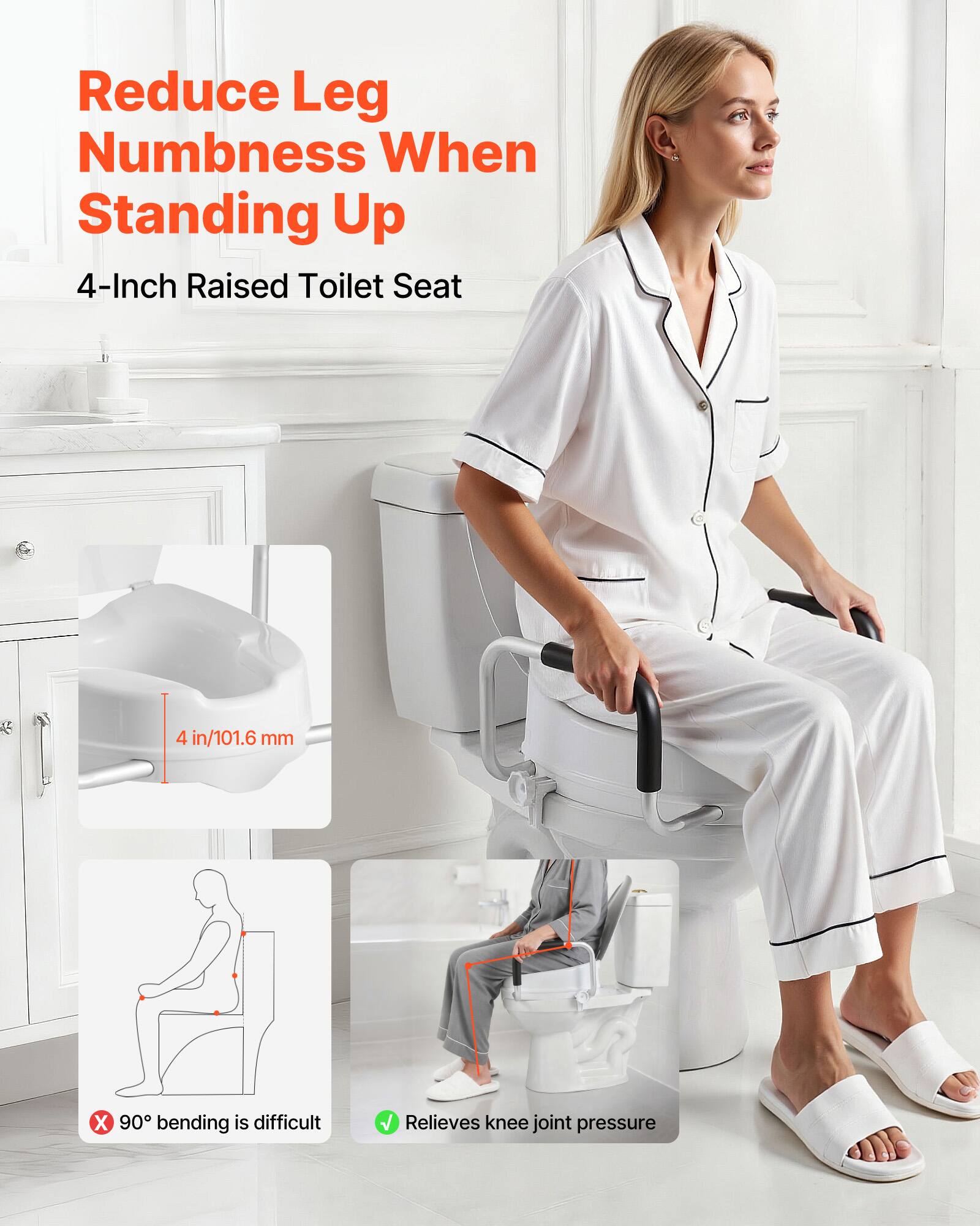 Reduce Leg Numbness When Standing Up

4-Inch Raised Toilet Seat

4 in/101.6 mm

90° bending is difficult

Relieves knee joint pressure