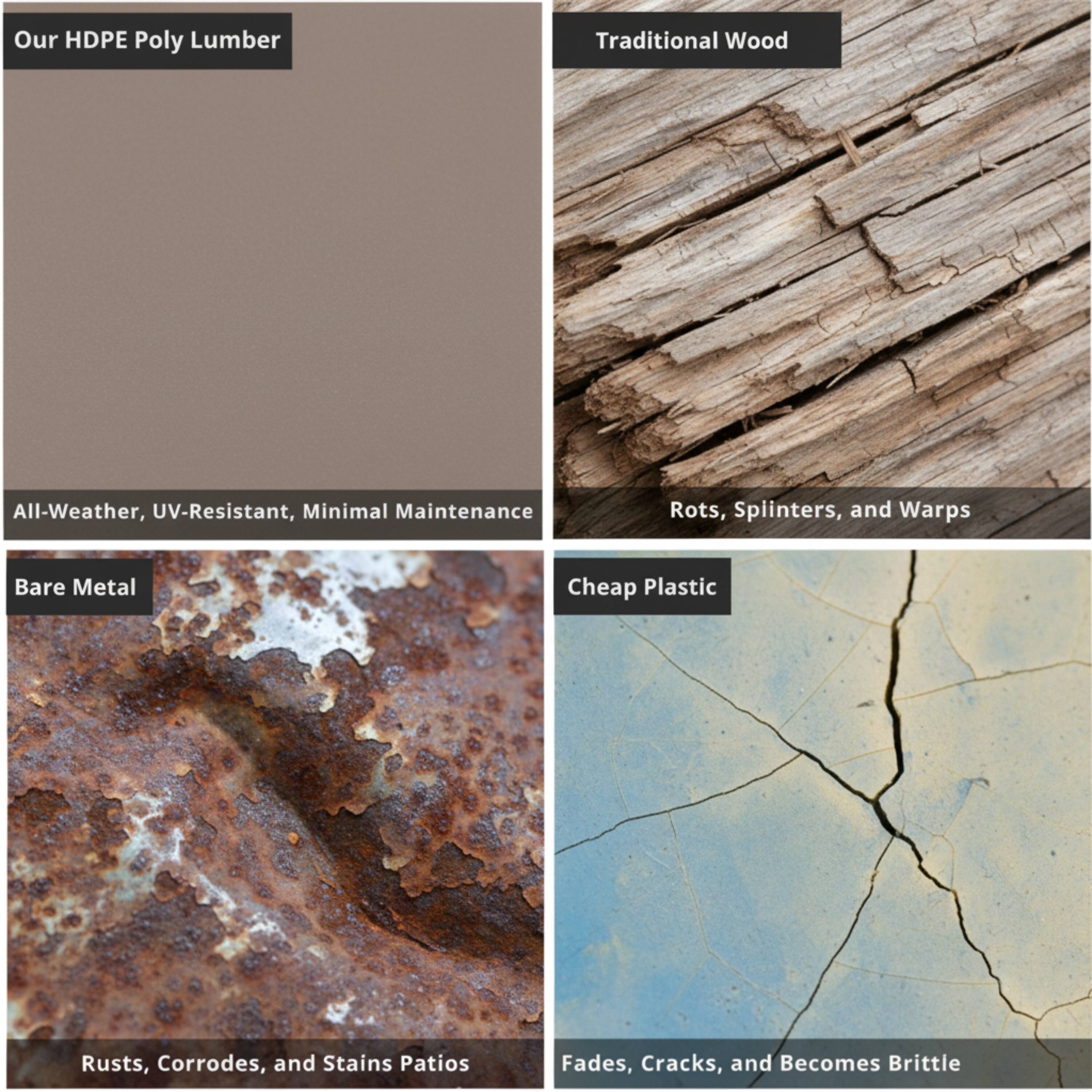 Our HDPE Poly Lumber

All-Weather, UV-Resistant, Minimal Maintenance

Traditional Wood

Rots, Splinters, and Warps

Bare Metal

Rusts, Corrodes, and Stains Patios

Cheap Plastic

Fades, Cracks, and Becomes Brittle