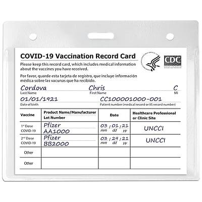 COVID-19 Vaccination Record Card  
CDC  

Please keep this record card, which includes medical information about the vaccines you have received.  
Por favor, quédese con esta tarjeta de registro, que incluye información médica sobre las vacunas que ha recibido.  

Cordova Chris  
Last Name First Name MI  
01/01/1921  
Date of birth  
CC100001000-001  
Patient number (medical record or US record number)  

Product Name/Manufacturer  
Vaccine  
Date  
Lot Number or Clinic Site  
Healthcare Professional  

1st Dose  
Pfizer  
03/01/21  
COVID-19  
AA1000  
UNCCI  

2nd Dose  
Pfizer  
03/29/21  
COVID-19  
BB2000  
UNCCI  

Other  
Other