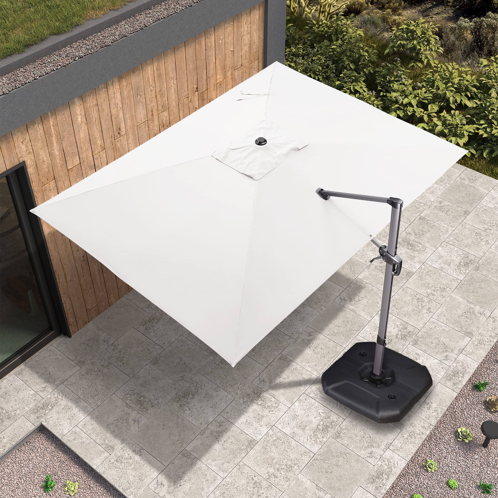 Back. PURPLE LEAF - 9' X 11.5' Aluminum Outdoor Patio Cantilever Umbrella Offset 360° Rotation Umbrella with Base for Garden Deck Pool - White.