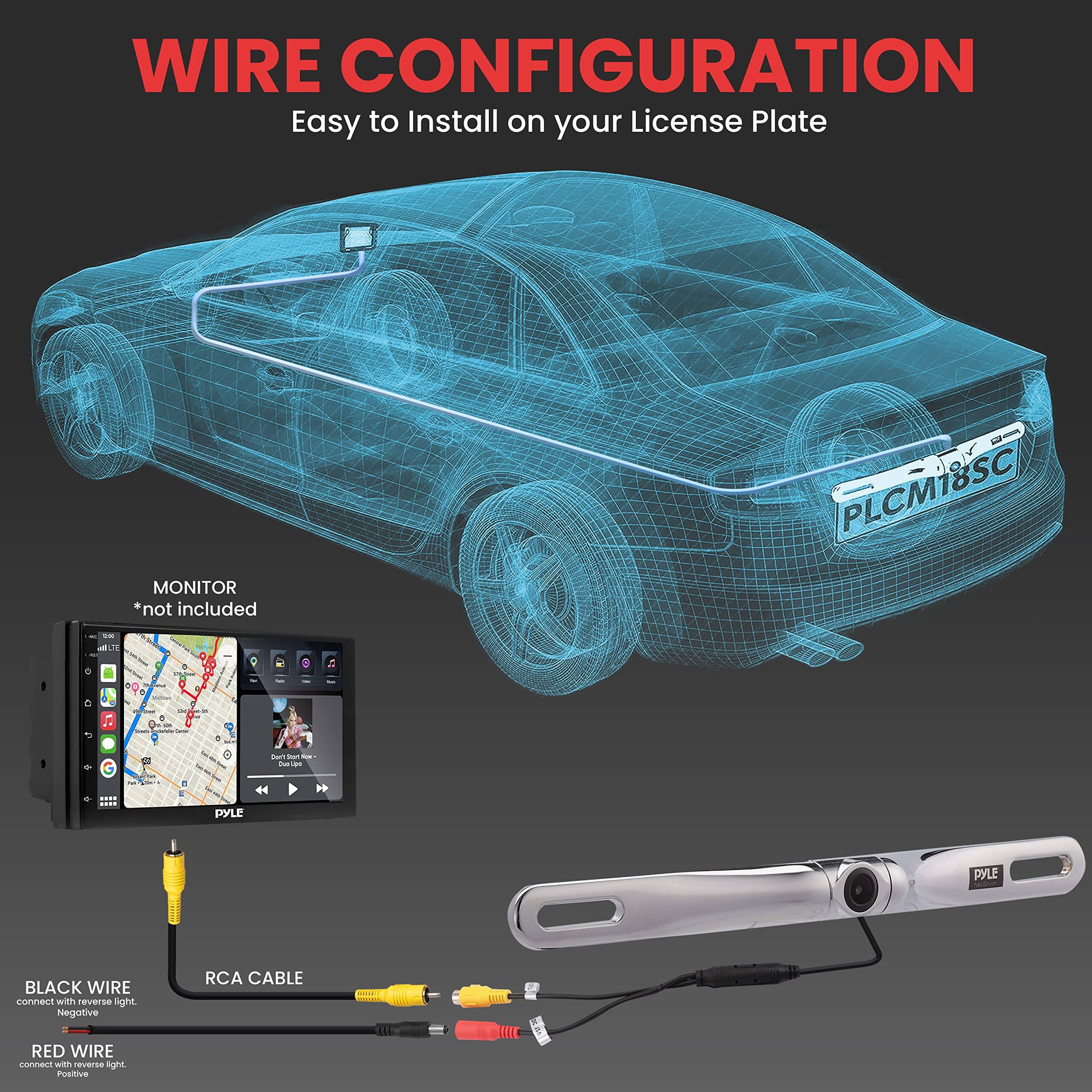 WIRE CONFIGURATION  
Easy to Install on your License Plate  

MONITOR *not included  

BLACK WIRE  
connect with reverse light. Negative  

RED WIRE  
connect with reverse light. Positive  

RCA CABLE