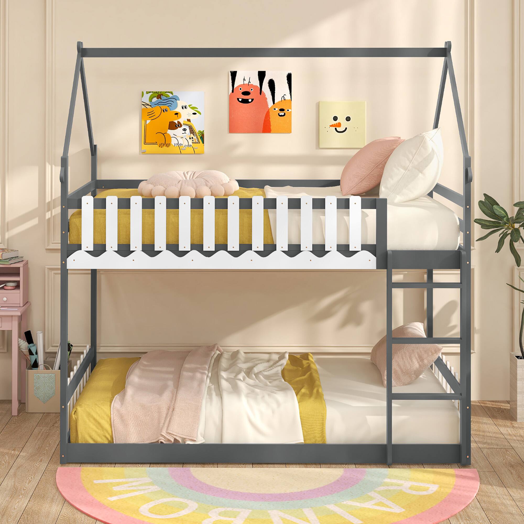 Alt View 3. Gymax - Gymax Twin Over Twin Bunk Bed w/ Fence & Ladder Solid Wood Floor Bunk Bed for Kids Gray - Gray, White.