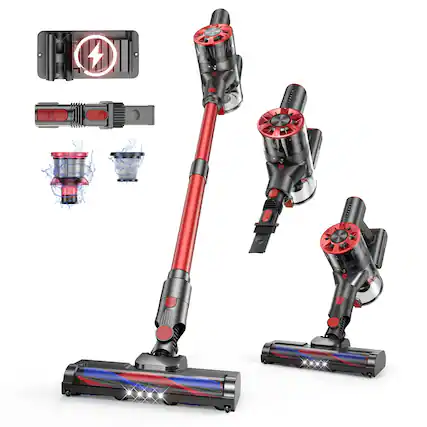Front. Teendow - Cordless Stick Vacuum, 40 Mins Runtime, Lightweight Cleaner for Pet Hair, HardFloors, Carpet & Rug - Red.