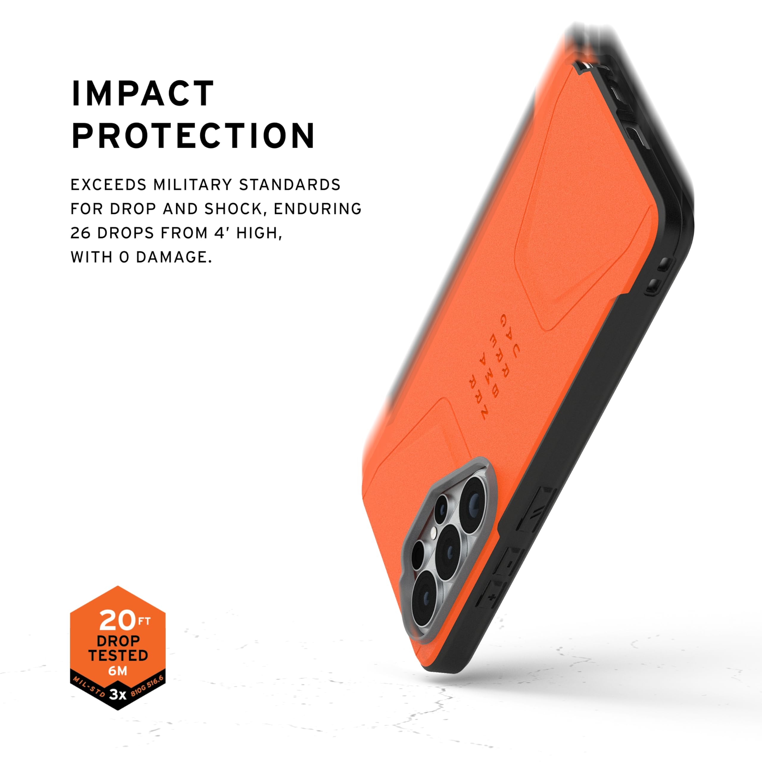 IMPACT PROTECTION

EXCEEDS MILITARY STANDARDS FOR DROP AND SHOCK, ENDURING 26 DROPS FROM 4' HIGH, WITH 0 DAMAGE.

20 FT DROP TESTED 6M

MIL-STD 810G 3x