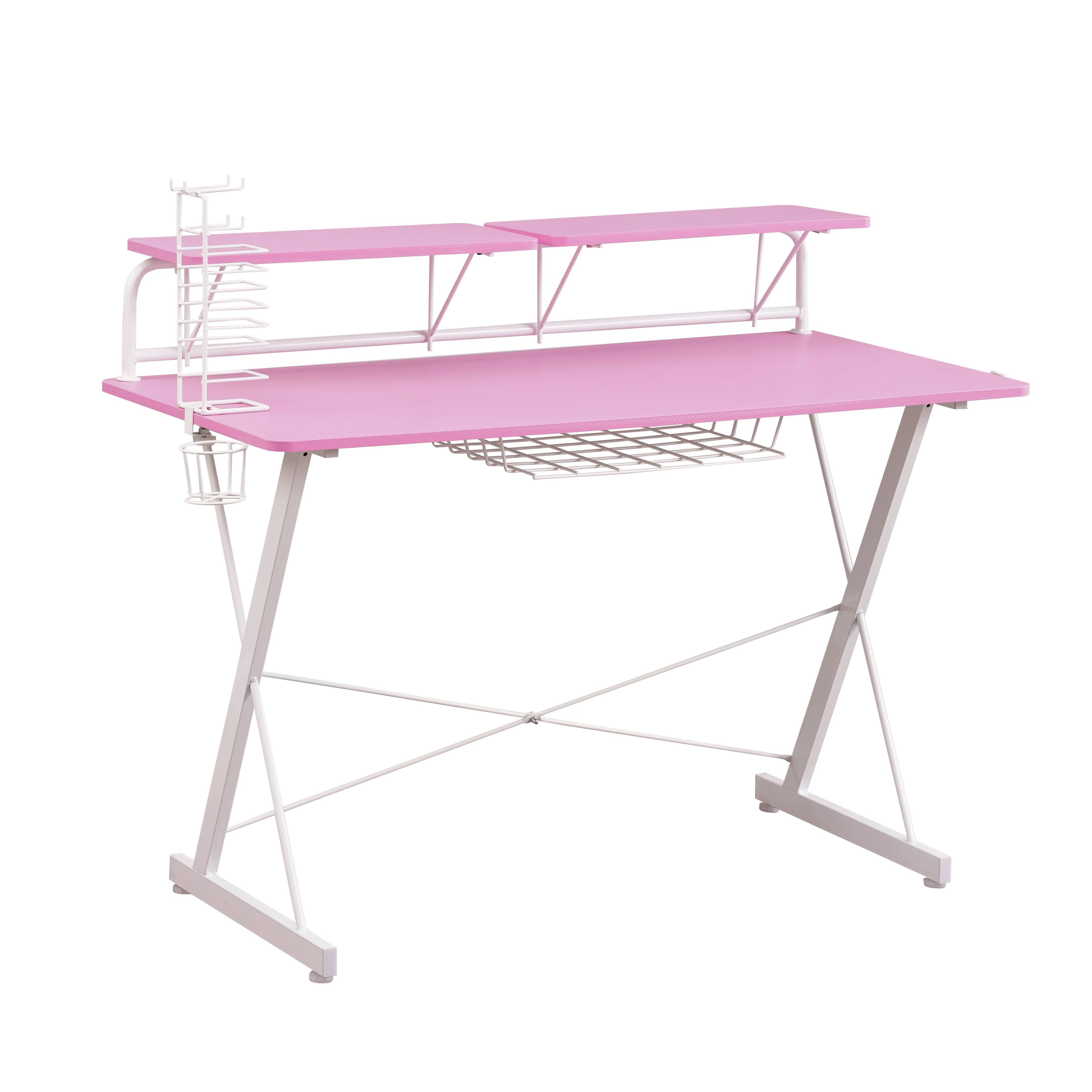 Angle. PexFix - E-Sports Gaming Desk, Heavy Duty Steel Frame with Monitor Stand, Cup & Headphone Holders - Pink.
