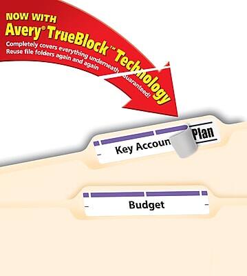 NOW WITH Avery® TrueBlock™ Technology  
Completely covers everything underneath  
Reuse file folders again and again  

Plan  
Key Account  
Budget