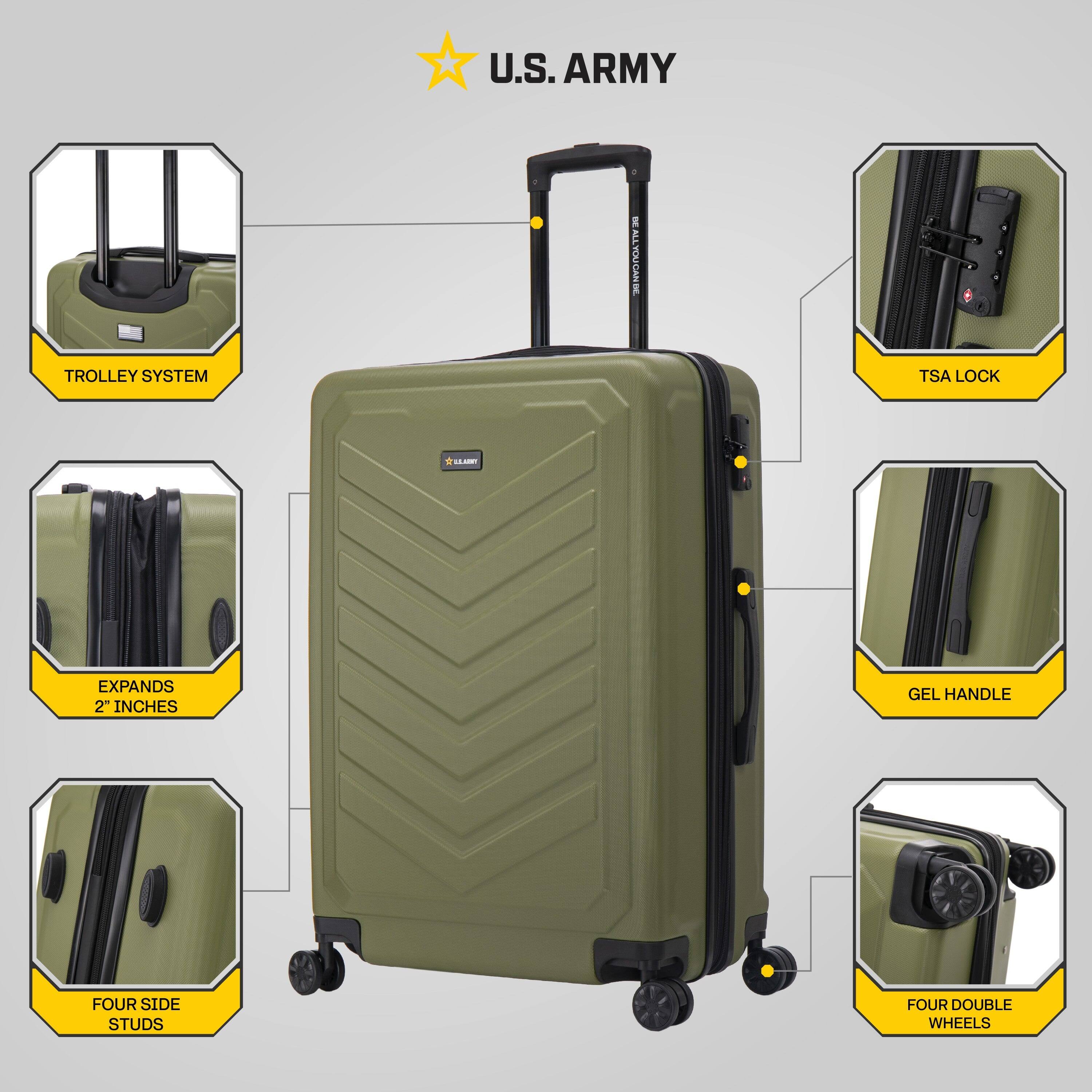 U.S. ARMY

- TROLLEY SYSTEM
- TSA LOCK
- EXPANDS 2" INCHES
- FOUR SIDE STUDS
- GEL HANDLE
- FOUR DOUBLE WHEELS