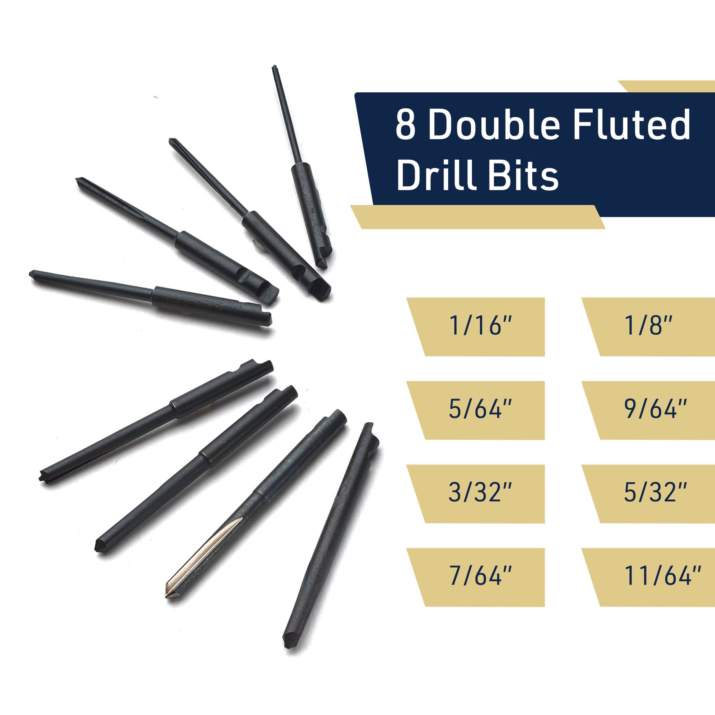 8 Double Fluted Drill Bits

1/16" 1/8" 5/64" 9/64" 3/32" 5/32" 7/64" 11/64"
