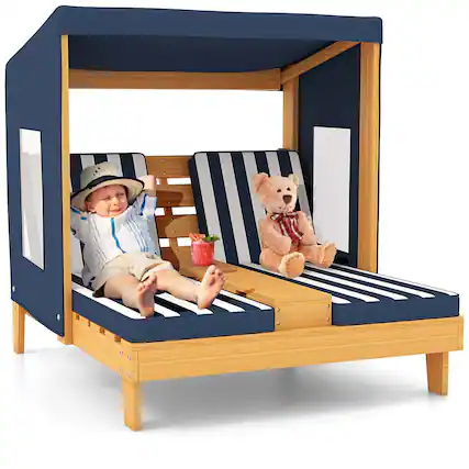 Front. Costway - Kids Double Chaise Lounge Patio Lounge Chair with Cup Holders & Awning - Blue.