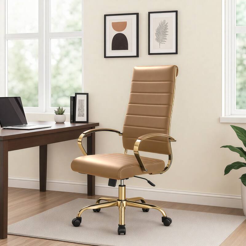 Angle. LeisureMod - Benmar Gold Leather Office Chair High Back Swivel Ergonomic Padded Desk Chair with Adjustable Height - Light Brown.
