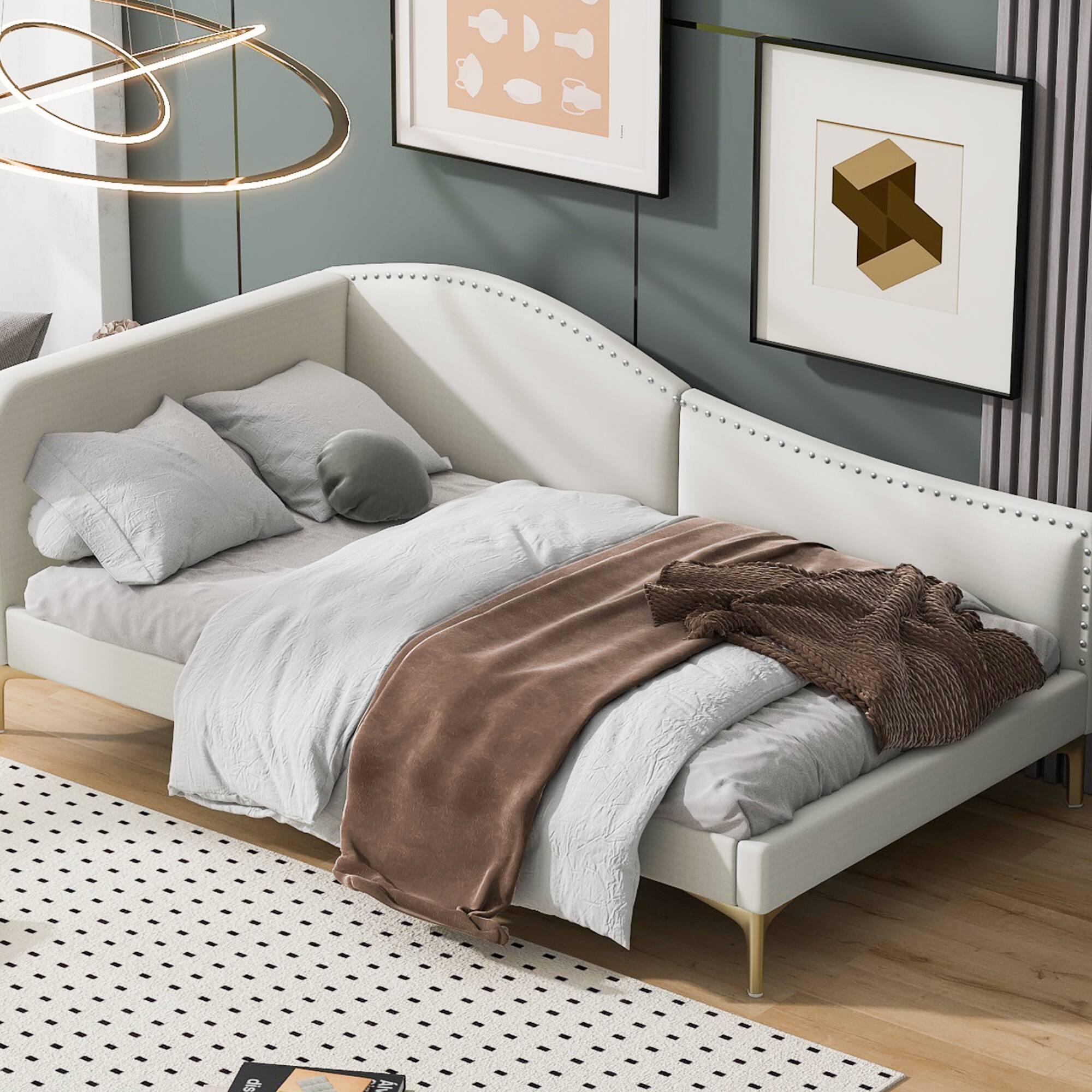 Alt View 1. GOODSILO - Twin Size Upholstered Daybed with Headboard and Armrest, Sturdy Support Legs - Beige.