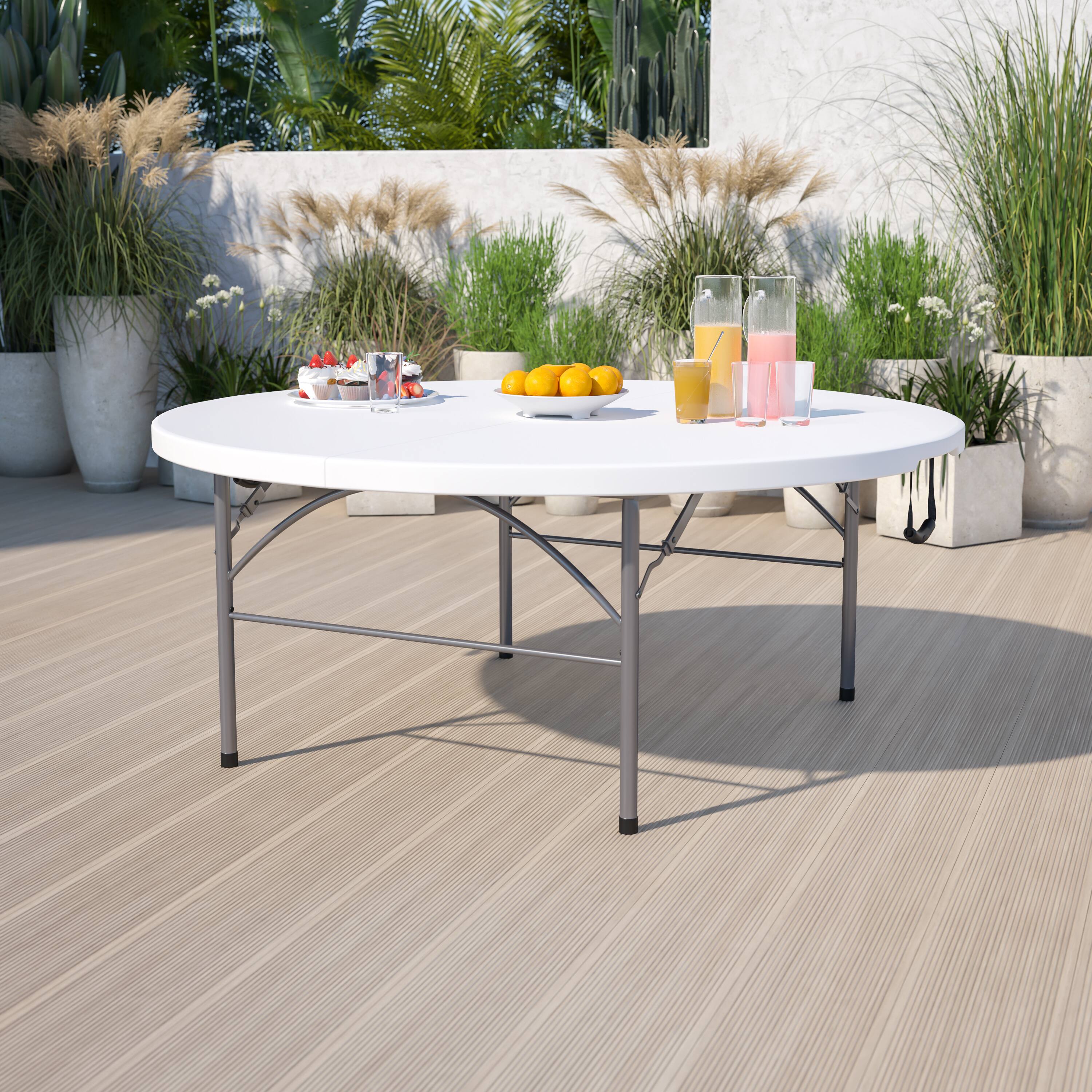 Alt View 1. Emma + Oliver - 5.89-Foot Round Bi-Fold Plastic Banquet and Event Folding Table with Carrying Handle - Granite White.