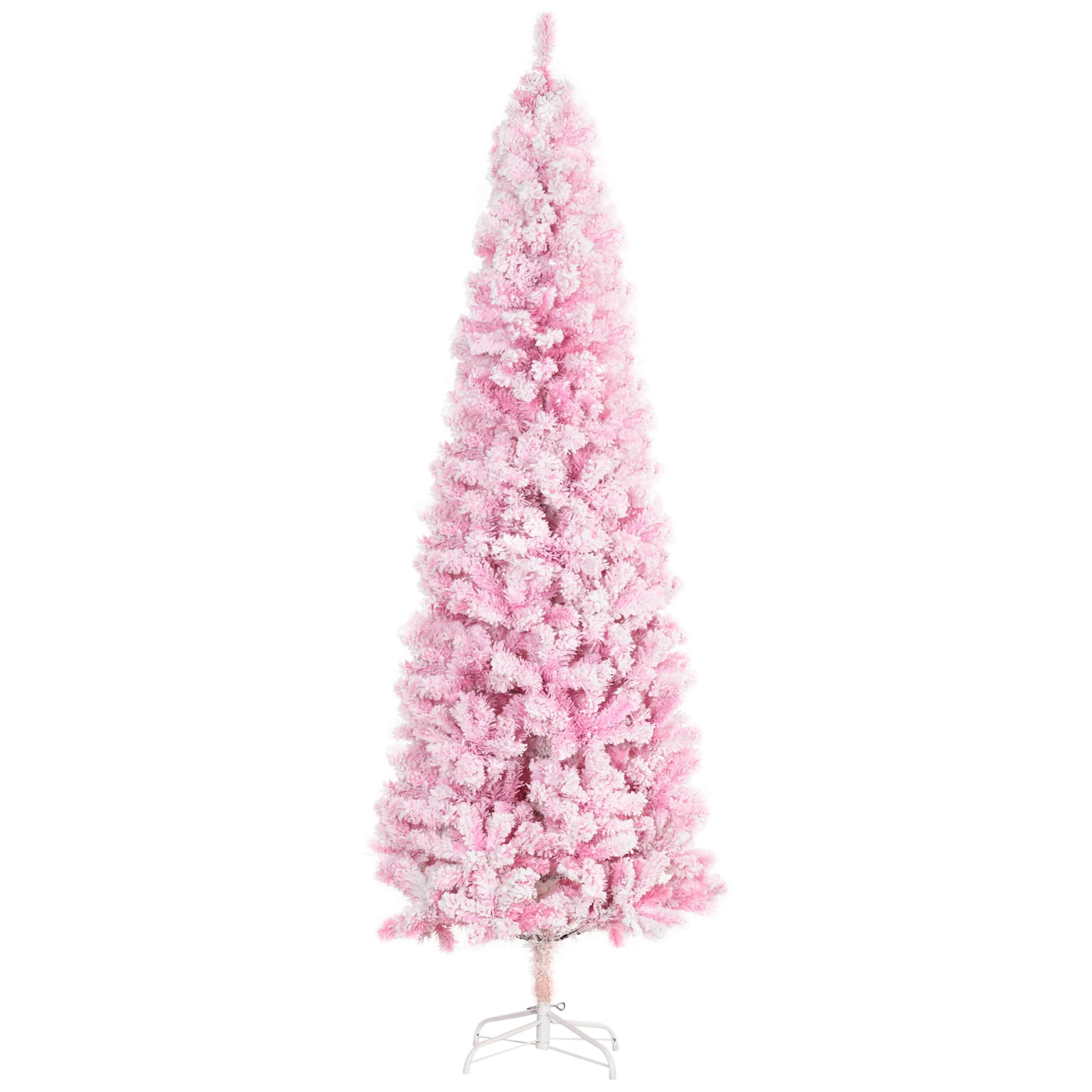 Homcom - 7.5ft Unlit Snow Flocked Slim Pencil Christmas Tree, Pine Realistic Branches - Pink
