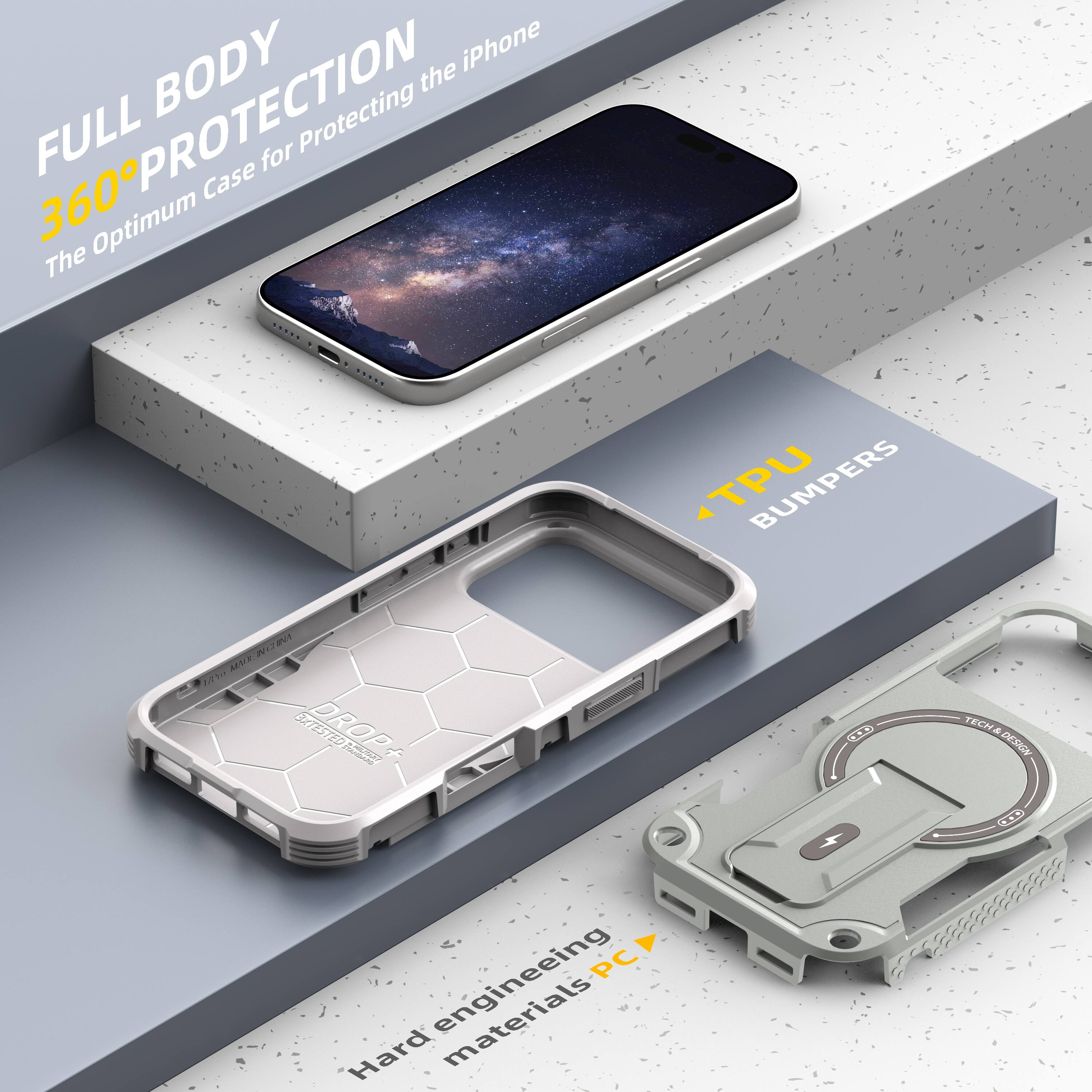 FULL BODY 360° PROTECTION  
The Optimum Case for Protecting the iPhone  

TPU BUMPERS  

Hard engineering materials PC  

TECHNOLOGY