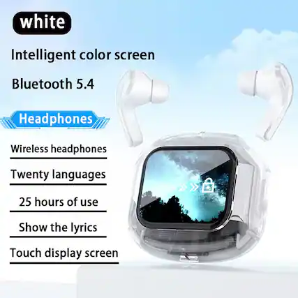 white
Intelligent color screen
Bluetooth 5.4
Headphones
Wireless headphones
Twenty languages
25 hours of use
Show the lyrics
Touch display screen