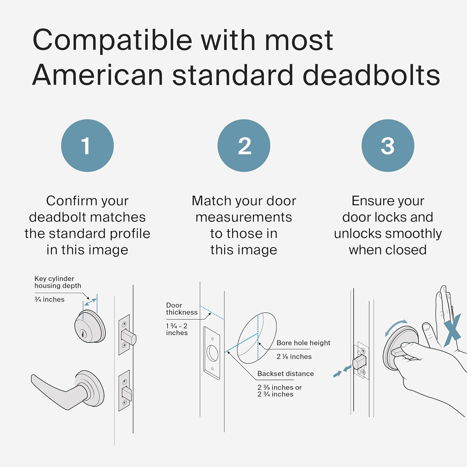 Compatible with most American standard deadbolts:
1. Confirm your deadbolt matches the standard profile in this image.
2. Match your door to ensure it fits the measurements provided in this image.
3. Ensure your door locks and unlocks smoothly with the measurements provided in this image when closed.
Key cylinder housing depth: 34 inches
Door thickness: 1%-2 inches
Bore hole height: 2 1/1 inches
Backset distance: 2 3/4 inches or 2 14 inches