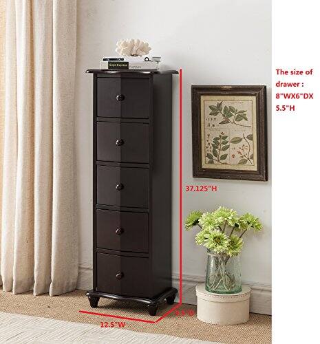 The size of drawer: 8"W x 6"D x 5.5"H

The size of the cabinet: 37.125"H x 12.5"W x 9.5"D
