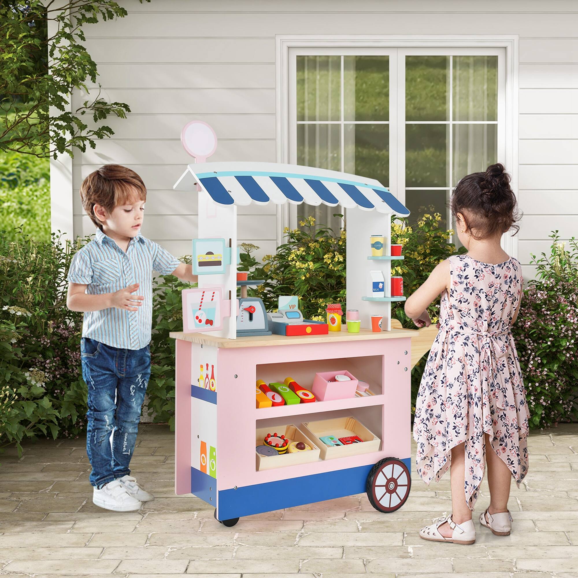 Alt View 2. Costway - Costway Kids Snacks & Sweets Food Cart Kids Toy Cart Play Set with 30 PCS Accessories - Multicolor.