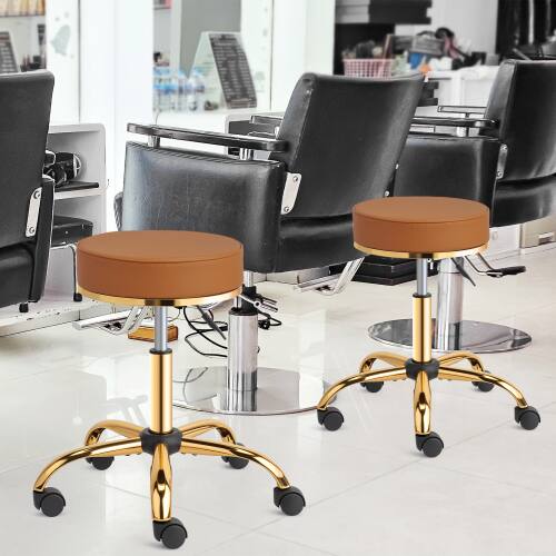 Left. Winado - Rolling Salon Stool Garage Stool w/ Hydraulic Height Adjustment, 360° Swivel Wheels for Beauty Salon Barbershop Workshop - Brown & Gold.