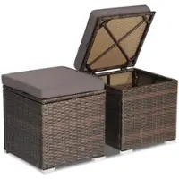 Costway 2PCS Patio Rattan Ottomans Seat Side Table Storage Box Footstool with Cushions - Grey + Mix Brown - Front_Zoom